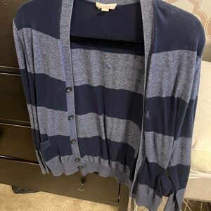 Vintage Black GAP Men's Navy and Gray Striped Cardigan